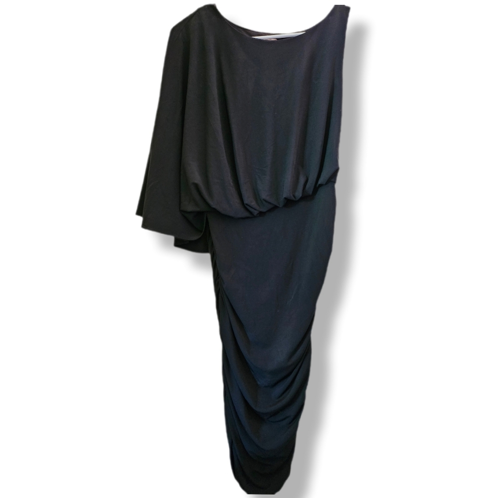 Asymetrical Sleeve Black Medium Midi Dress Cocktail Wedding Special Occasion